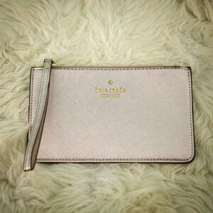 Kate Spade Pink Rose Gold Metallic Zip Top Leather Clutch Wristlet Bag Purse
